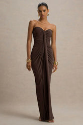 Ali | Brown Sweetheart Ruched Wrap Maxi Dress
