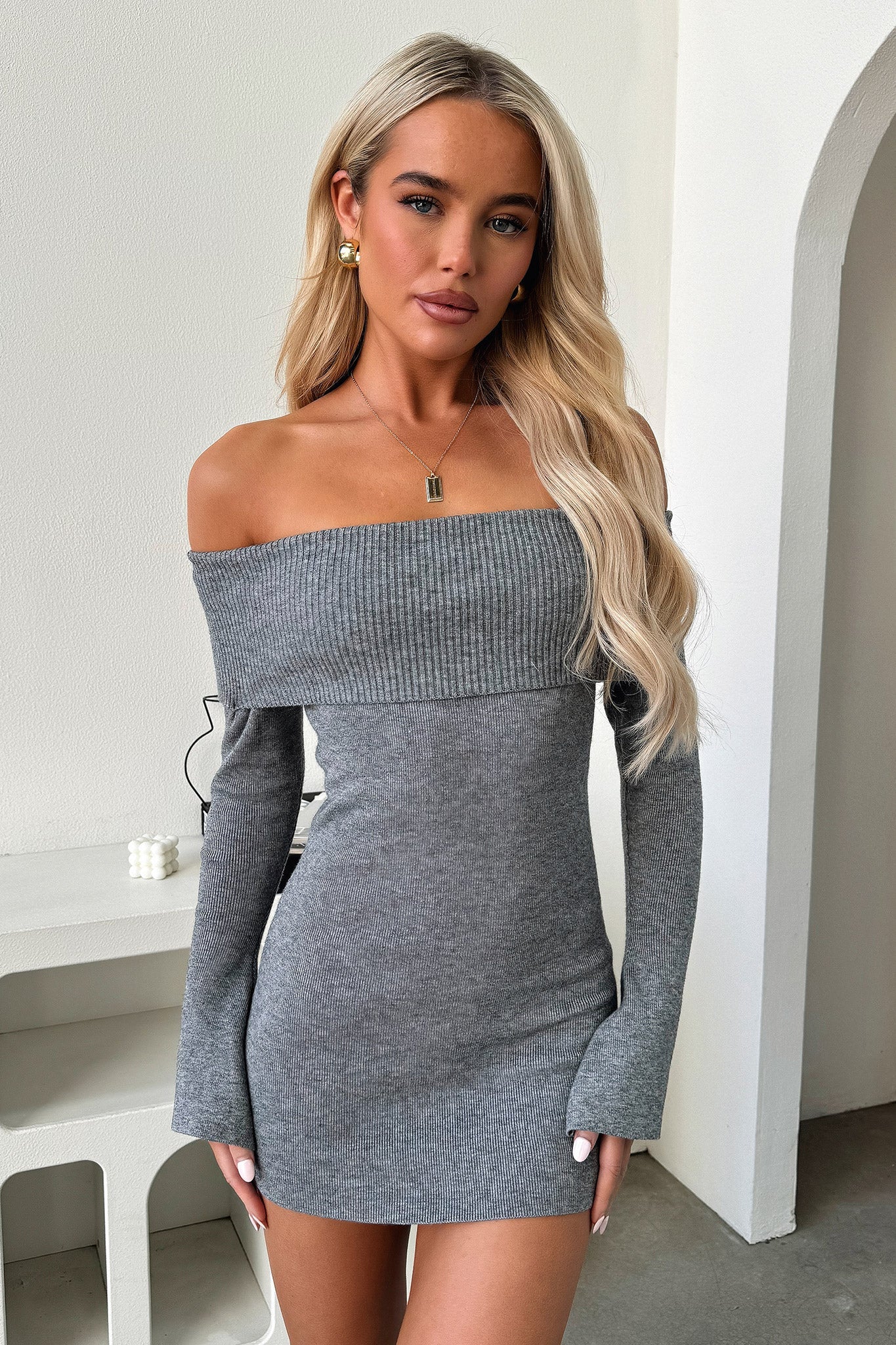 Aaliyah Off Shoulder Knit Mini Dress - Grey